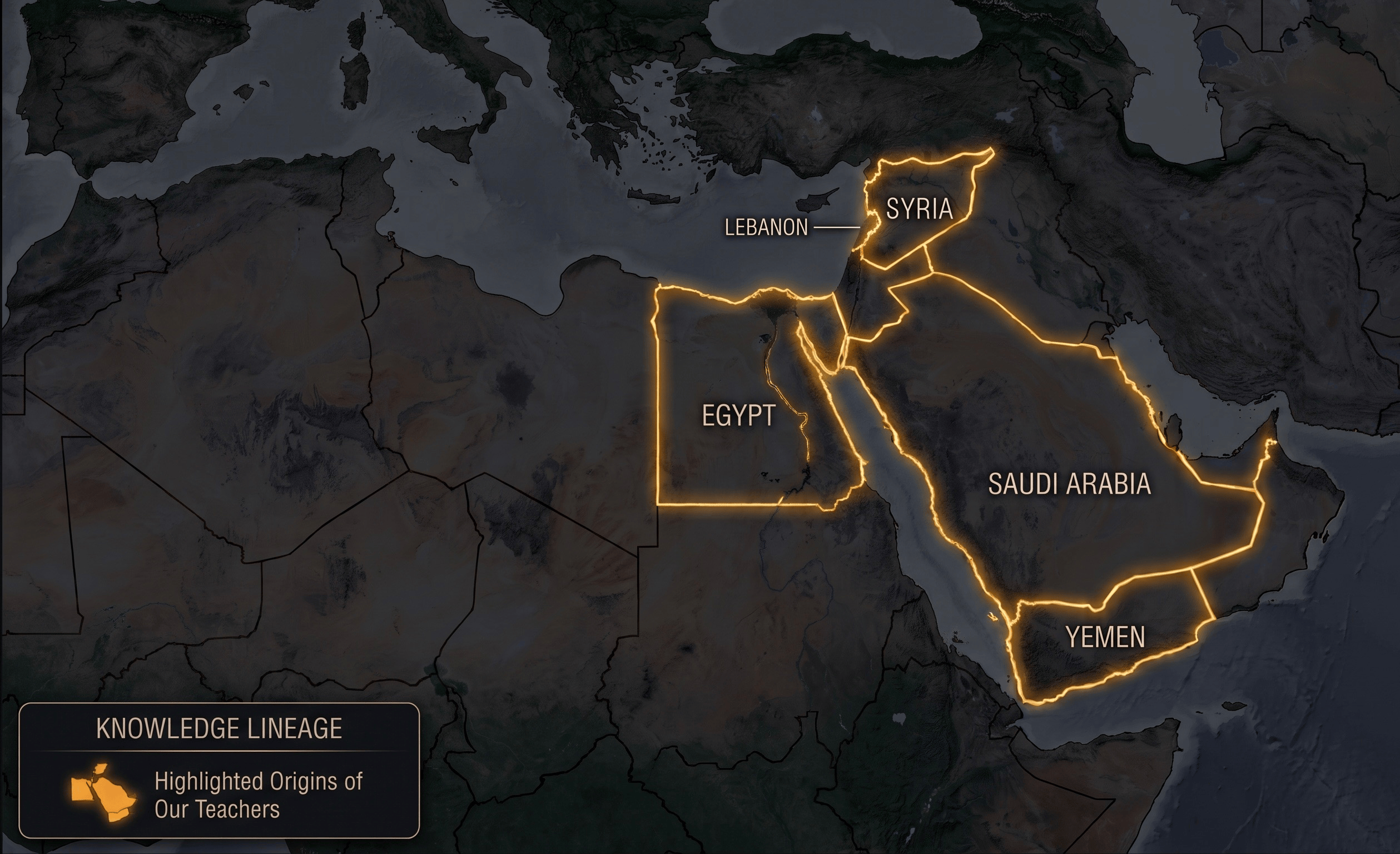 Map highlighting the origins of our teachers' knowledge lineage